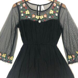 True Destiny Black‎ Sheer Mesh Embroidered Floral Bell Sleeve Dress Size S